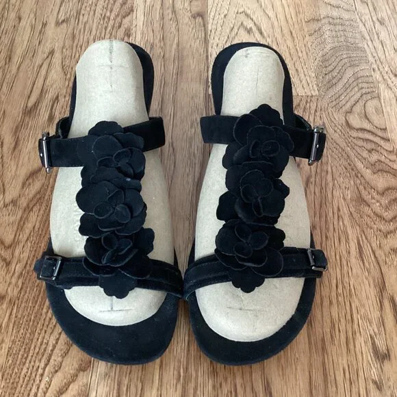 VIONIC 'CLAY' BLACK SUEDE FLORAL STRAPPY SLIP ON SANDAL 10 COMFORT CASUAL SUMMER - Picture 2 of 7